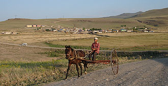 Pferd mit Heurechen und Dorf bei Digor